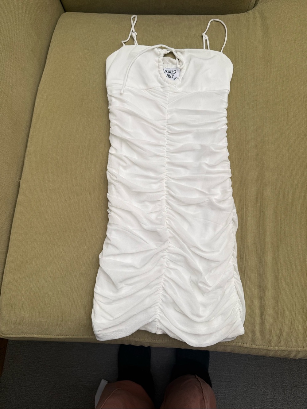 Princess Polly White Ruched Meshed Mini Dress - Keyhole Tie US 4